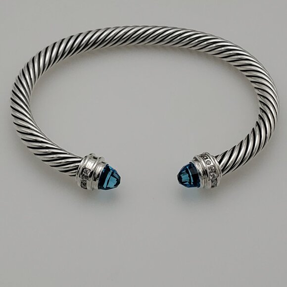David Yurman Sterling Silver  Cable Classic Bracelet with Blue Topaz & Diamonds - Picture 1 of 5
